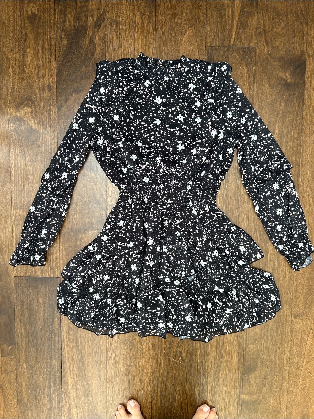 Aqua Black and White Floral Long-Sleeve Smocked Waist Dress